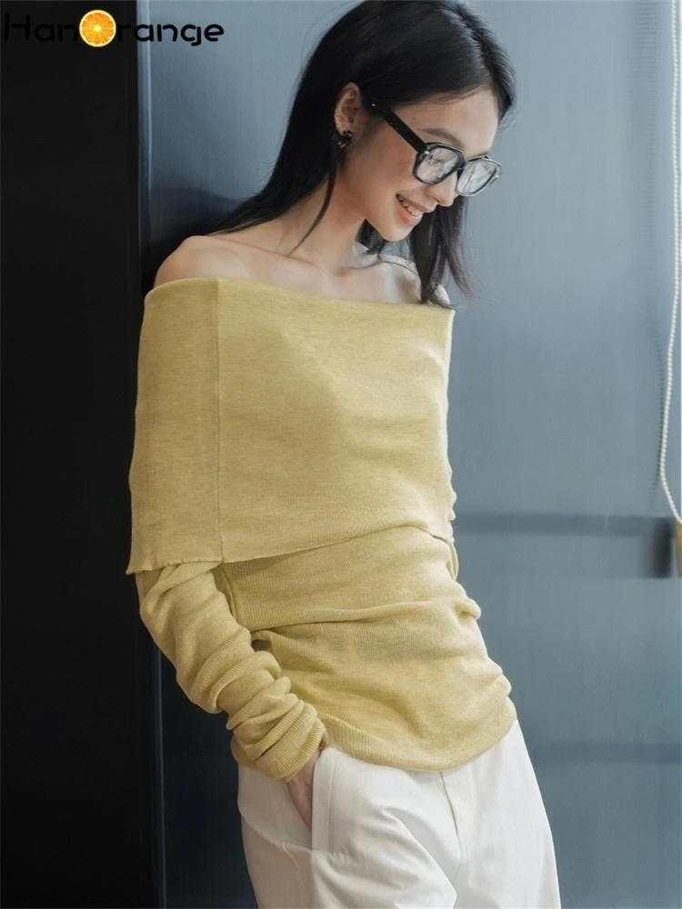 

HanOrange 2024 Spring Temperament Slash Neck Knitted Sweater Women High Elastic Knitting Top Black/Light Gray/Rattan Yellow