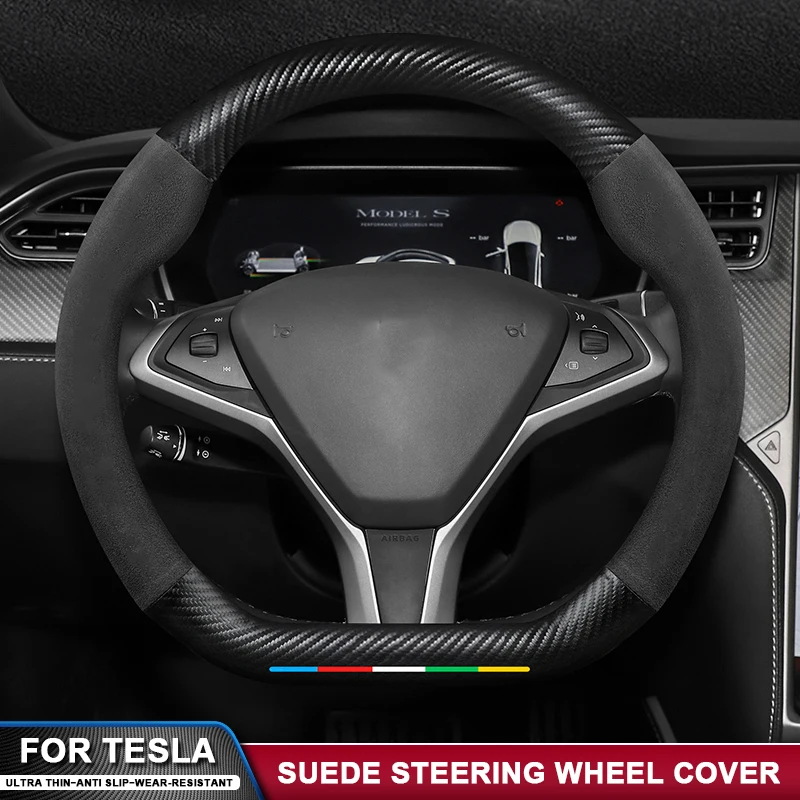 

Anti-slip Breathable Suede Carbon Fiber Steering Wheel Cover For Tesla Model 3 Model Y Model S Model X Auto Interior Accessories