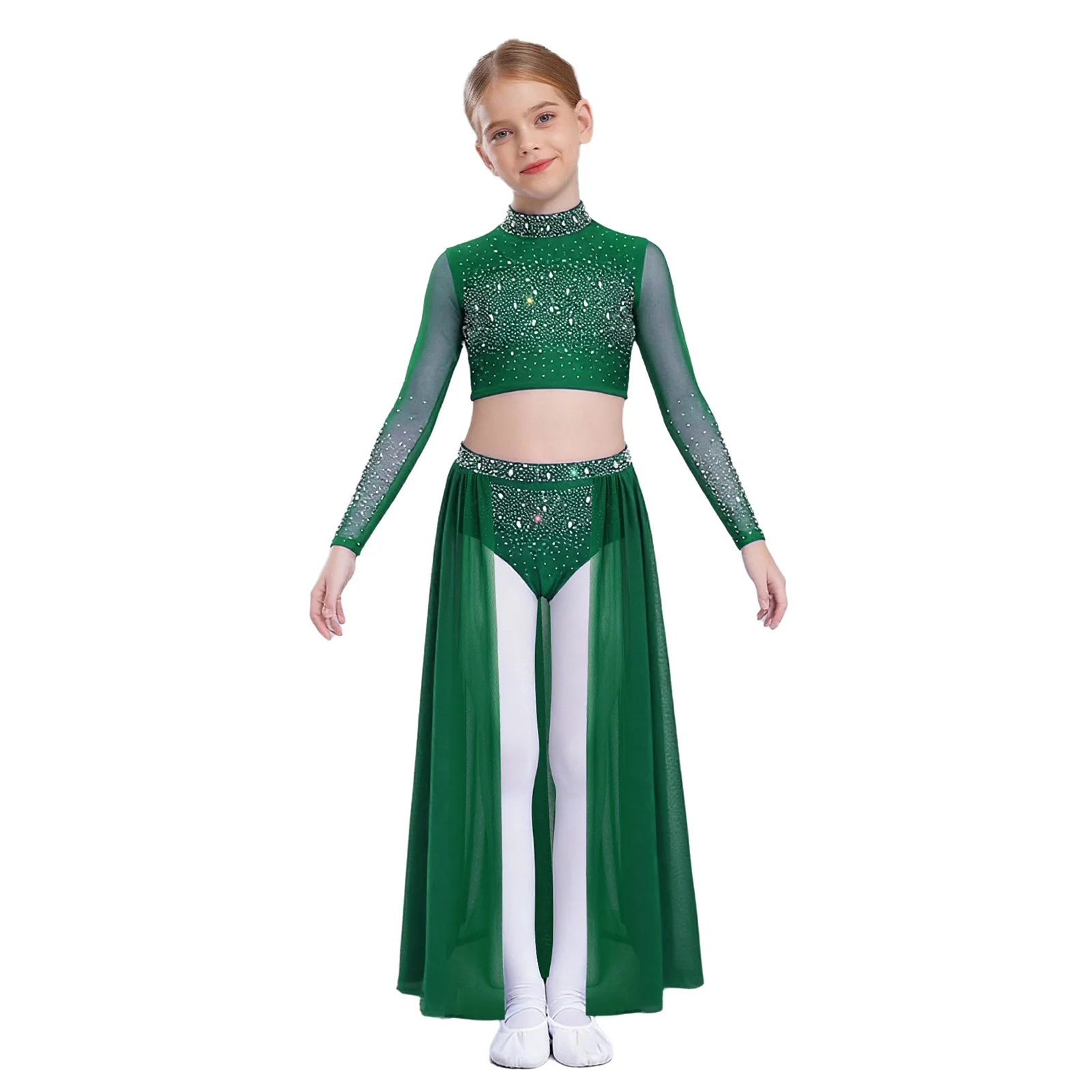 Kinderen meisjes ballet lyrische danskostuum lange mouw strass crop top met vloeiende rok set kunstschaatsen dansvoorstelling
