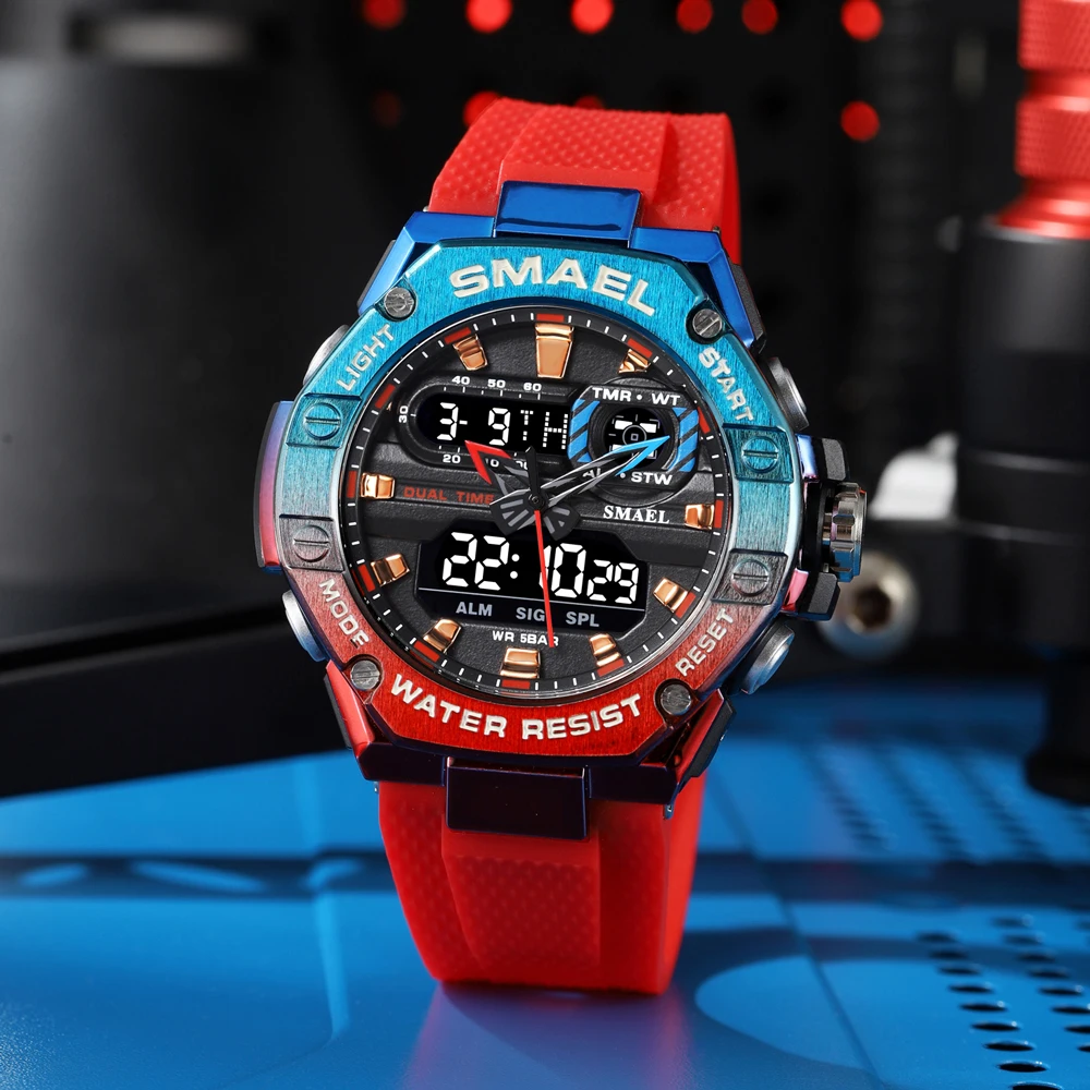 SMAEL ساعة رياضية للرجل المزدوج الوقت ساعة اليد الشباب مصباح ليد إنذار 8066 موضة متعدد الألوان الساعات العسكرية الصبي ساعة توقيت