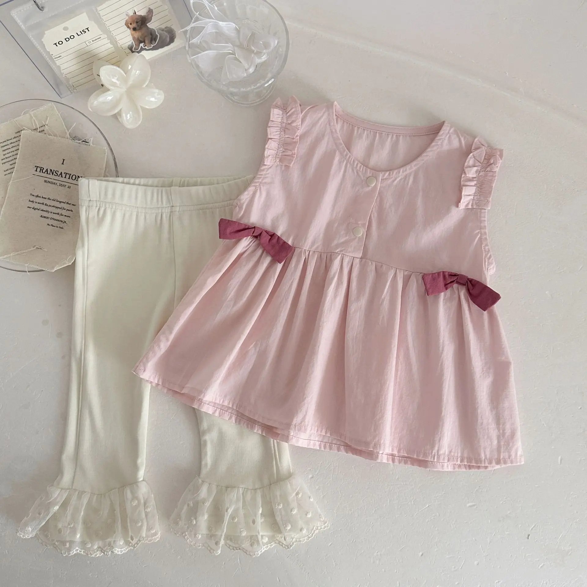 2026 New Summer Baby Set Contrasting Color Bows Doll Top with Ruffled Sleeves and Lace Flared Pants for Girls