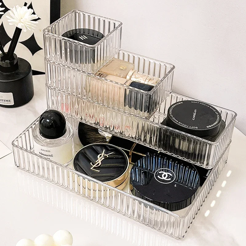 Plastic Transparent Cosmetics Storage Boxes Set Stackable Vanity Bathroom Makeup Organizer Bin Desktop Drawer Organizer
