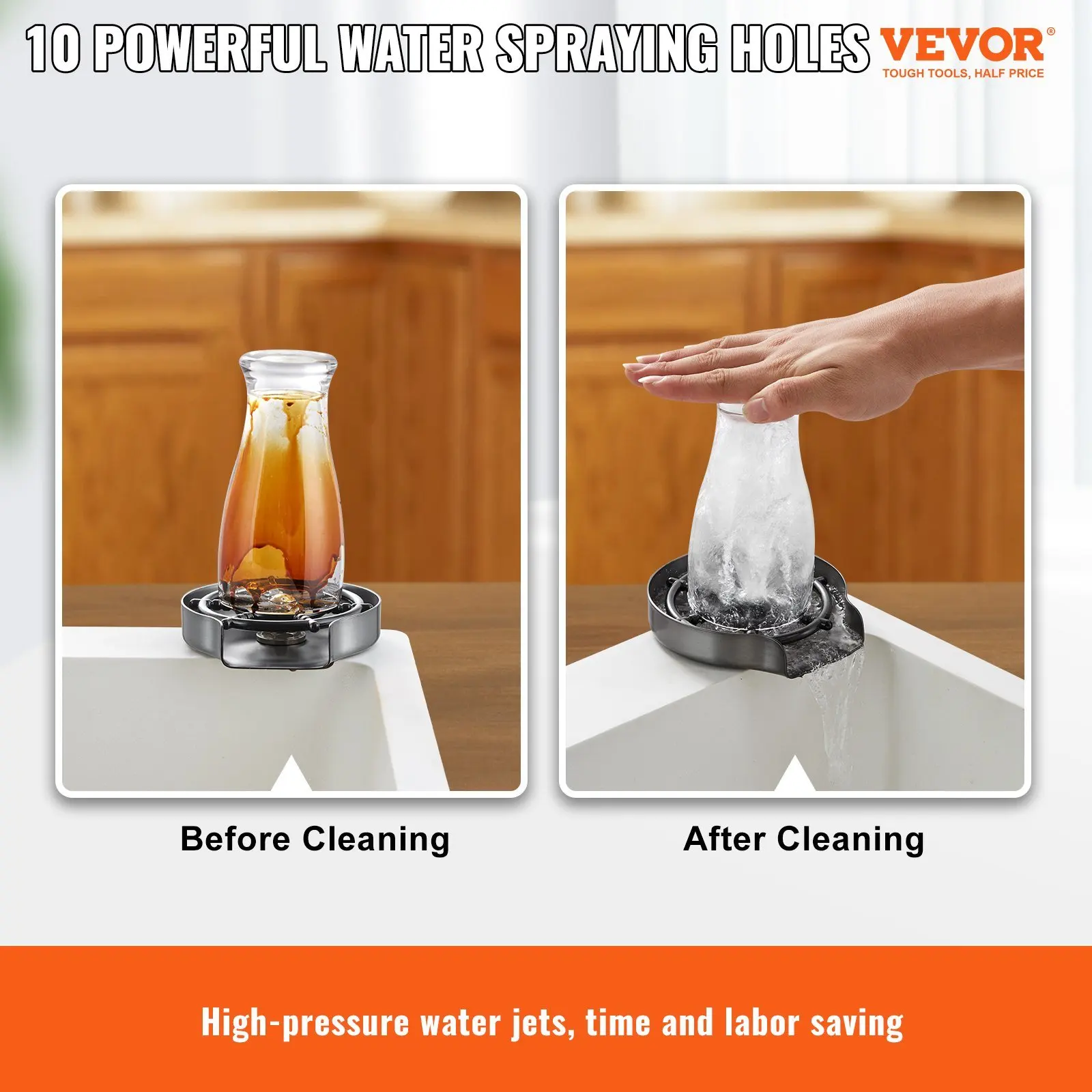 VEVOR Glass Rinser, 10 Powerful Spraying Jets 360° Rotating Cup Rinser for Sink, 304 Stainless Steel Faucet Cup Washer with ABS