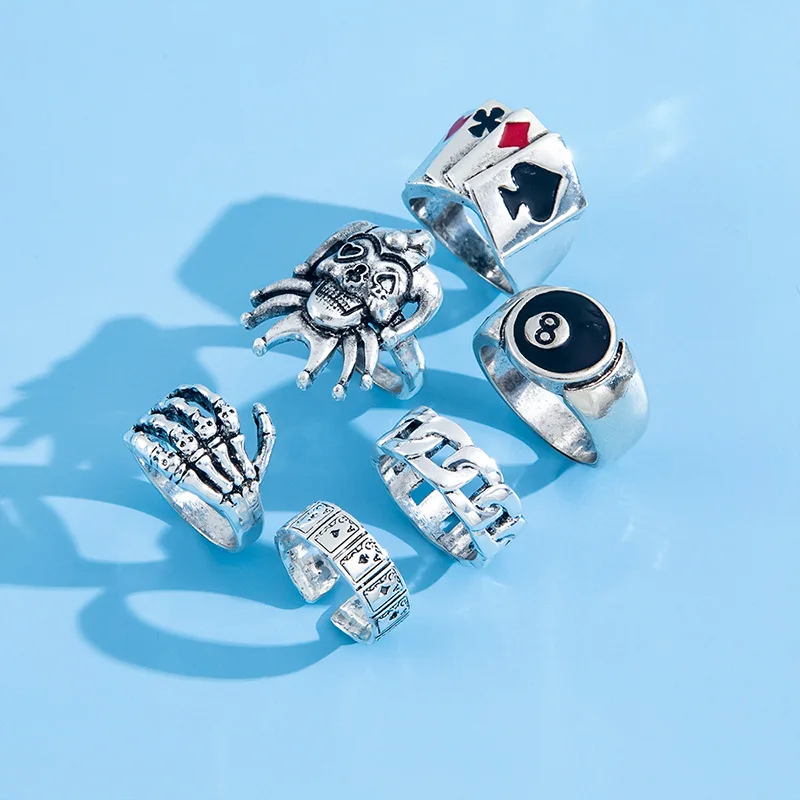 6 Piece Set Poker Clown Rings for Men Vintage Punk Skull Head Ghost Claw Fashion Ring For Women Unisex Motor Biker Ring