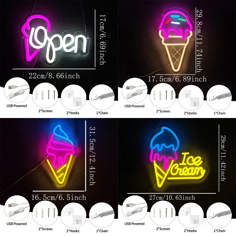 Ice Cream Icons, Usb Powered, Used For Dessert Shops, Cafes, Shops, Fast Food Restaurants Art Decor,Dessert Series Neon Signs.