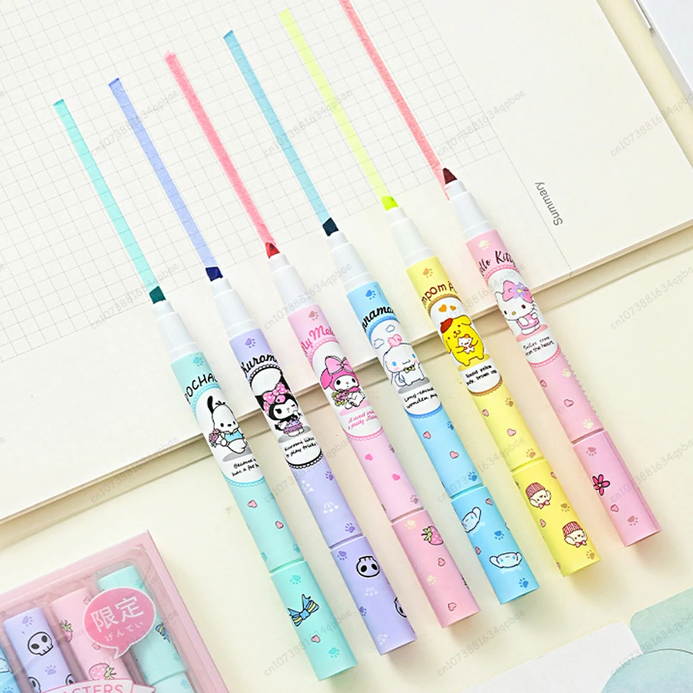 6Pcs MINISO Hello Kitty Highlighter Pen Set Kawaii Kuromi Melody Cinnamoroll Art Fluorescent Markers Pens School Office Statione