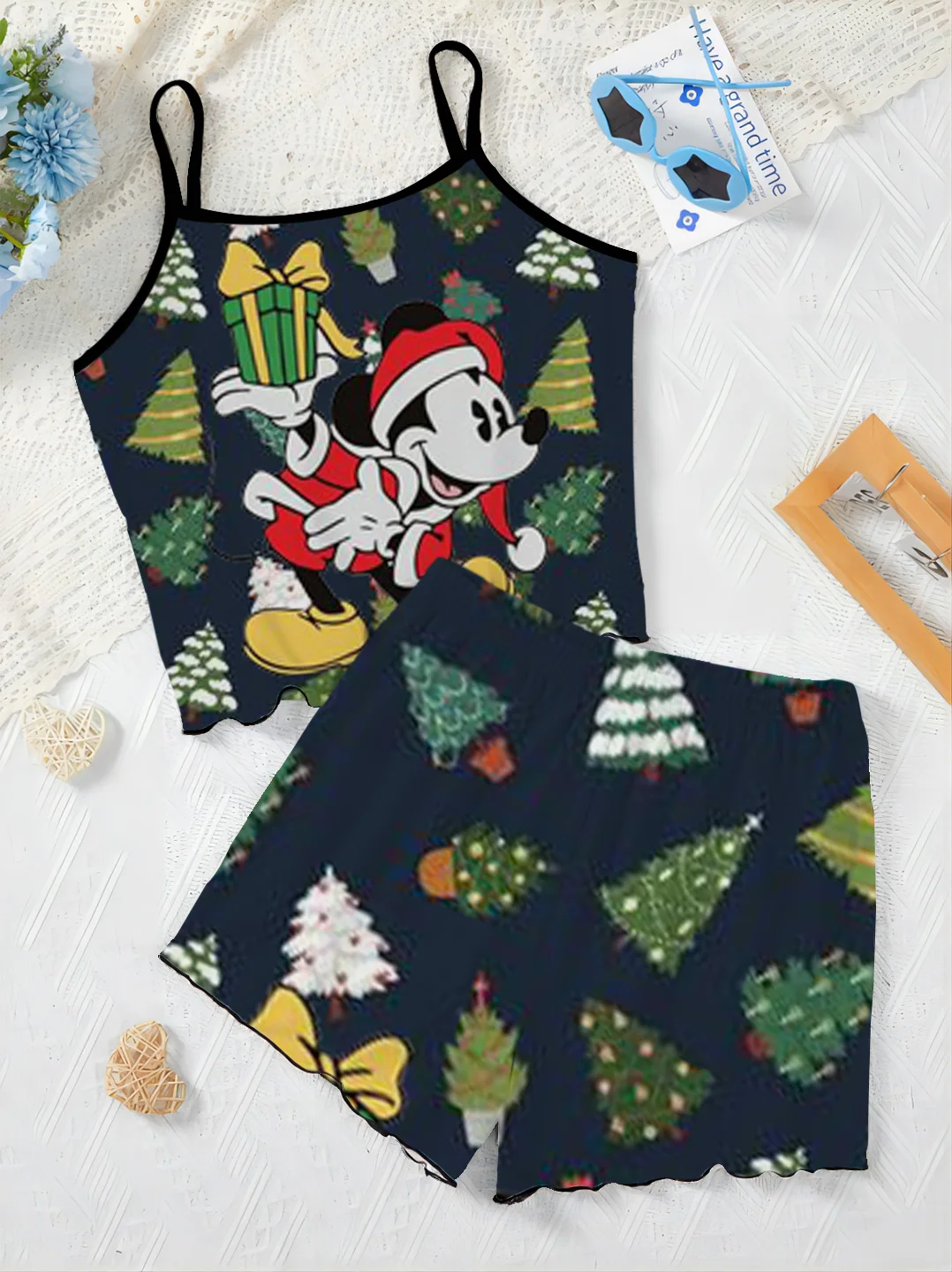 Top Slip Dress Christmas Lettuce Trim Short Sets for Women 2 Pieces Minnie Mouse Disney T-shirt Mickey Women's Suit Elegant Home