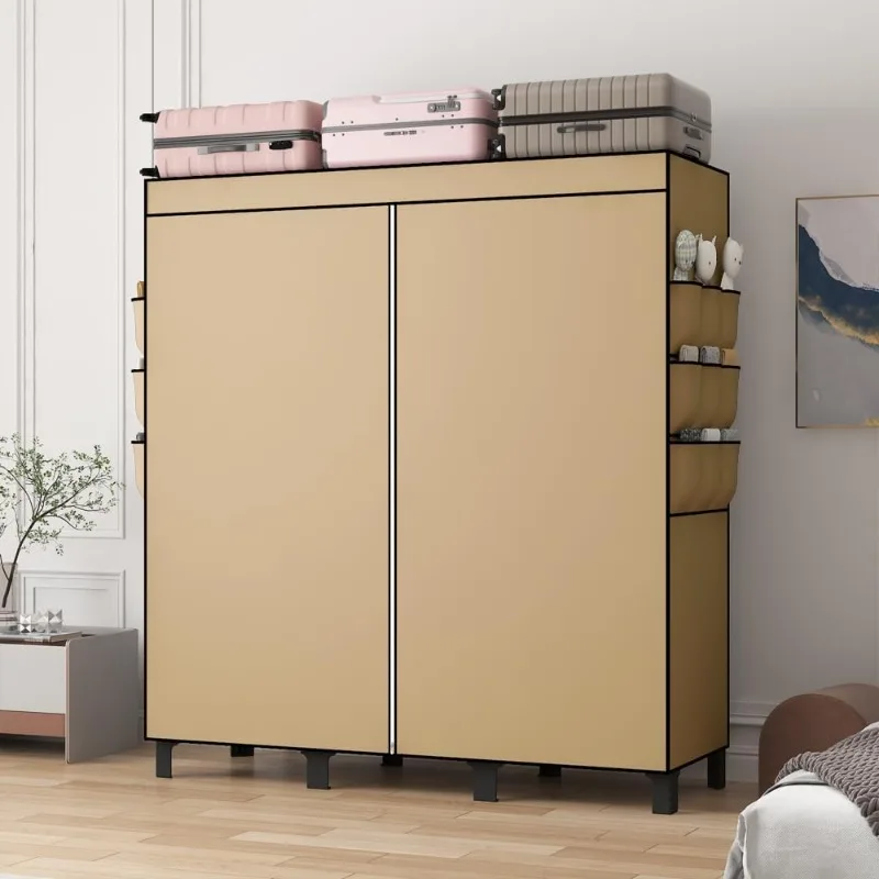 Lemari pakaian gantung sederhana, banyak rak dan 3 gantungan, 18 saku samping 51 "W*17.7" D*67.7 "H (warna krem)