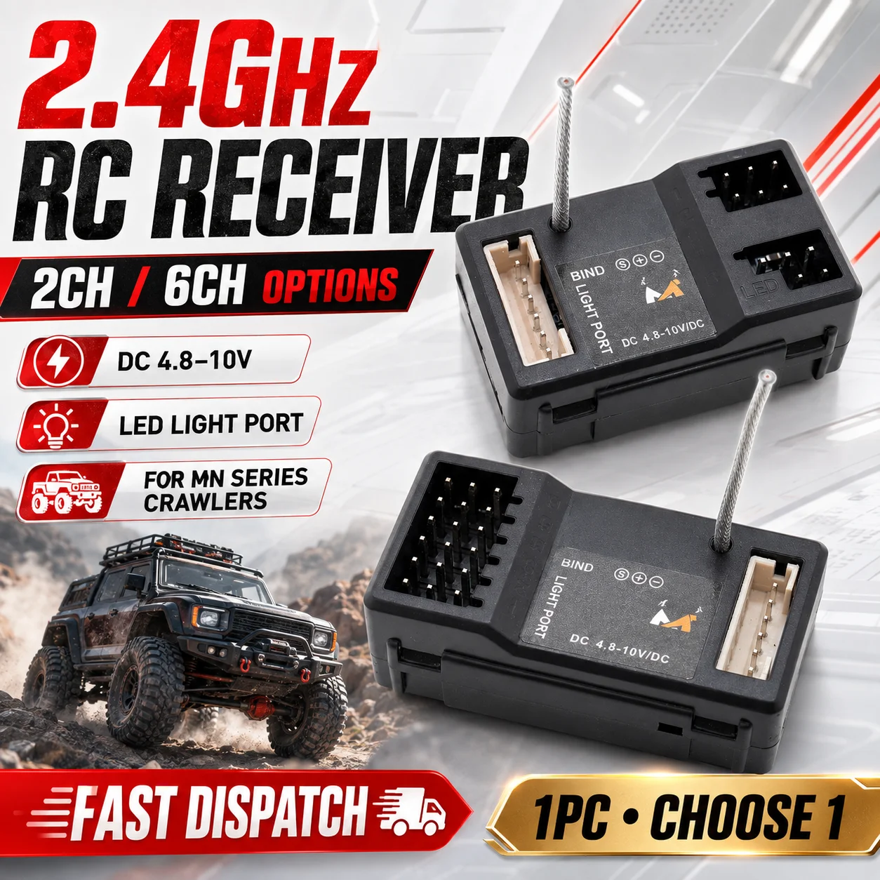 2CH 6CH 2.4GHz RC Receiver 4.8-10V with LED Light Port for MN82 MN82S MN78 MN86 MN99S MN111 MN128 MN168 WPL C14 C24 C54 RC Car