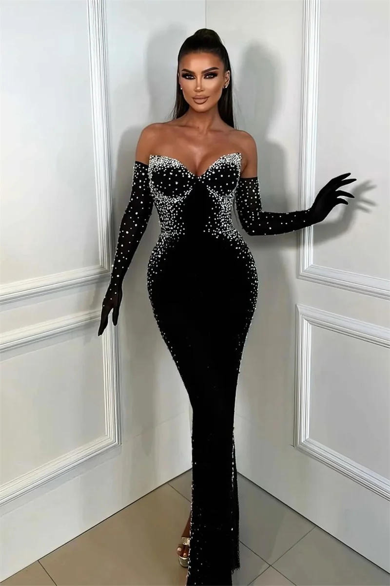 

Fashionable Gloves Luxury Pearl Beading Stapless Black Velvet Long Dress Elegant Woman Birthday Party Dress Goddess Vestido