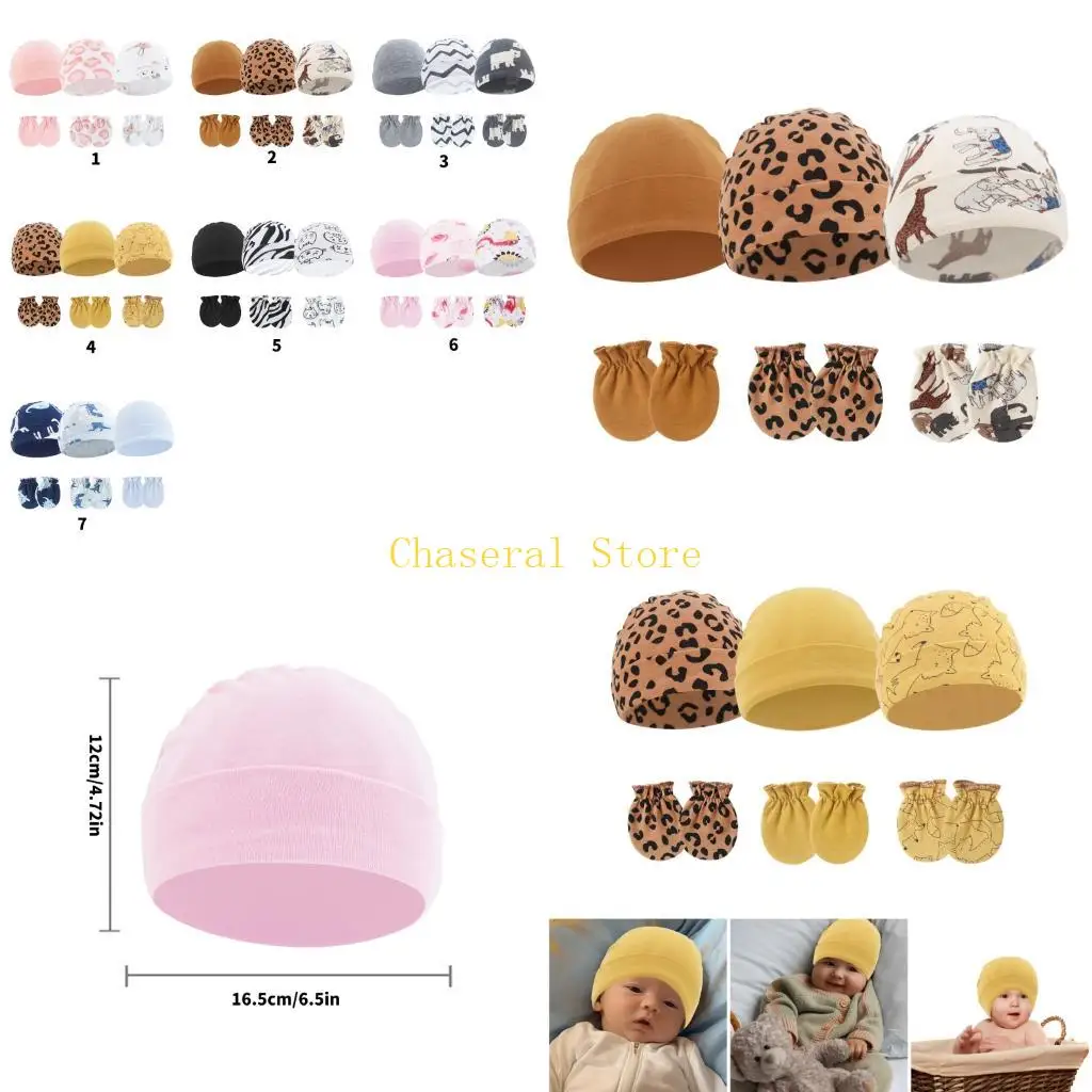 

E7CE 3 SET Newborns Shat Hat и царапины варежки Breatahble Cotton Bonnet Glovers