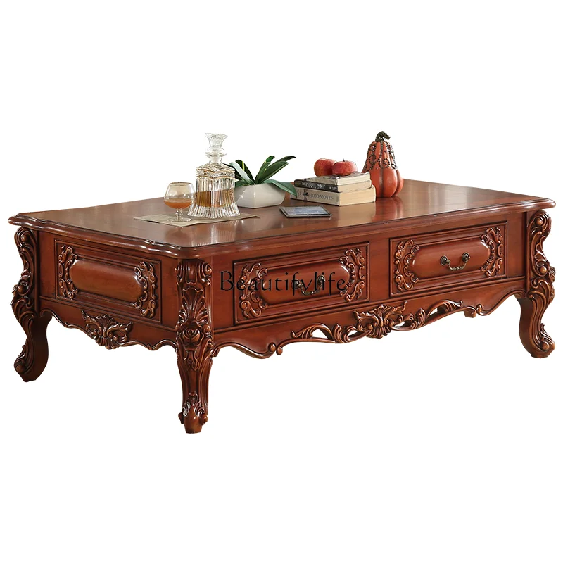

American solid wood coffee table luxury carved European style retro open lacquer coffee table