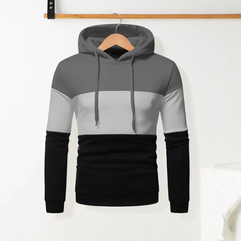 Color Block Pullover Men's Colorblock Drawstring Hoodie with Big Pocket Retro Thin Loose Fit for School Daily Wear Casual Sports