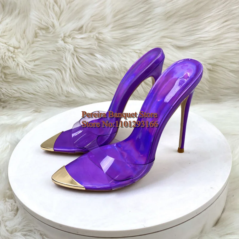 Sandales à talons hauts et bout pointu en métal pour femmes, pantoufles d'été en cuir verni PVC violet vert à enfiler, chaussures habillées de 12cm