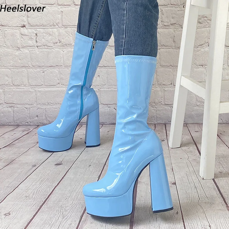 

Женские ботинки до середины икры Ahhlsion, светло-голубые Клубные ботинки на расширяющемся книзу каблуке с круглым носком, размеры 5-15, для весны