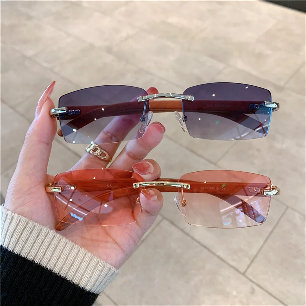 New Wooden Legs Frameless Sunglasses Women and Men Radiation Protection Eye Glasses Anti-UV Summer Outdoor Eyewear 2023 Fashion