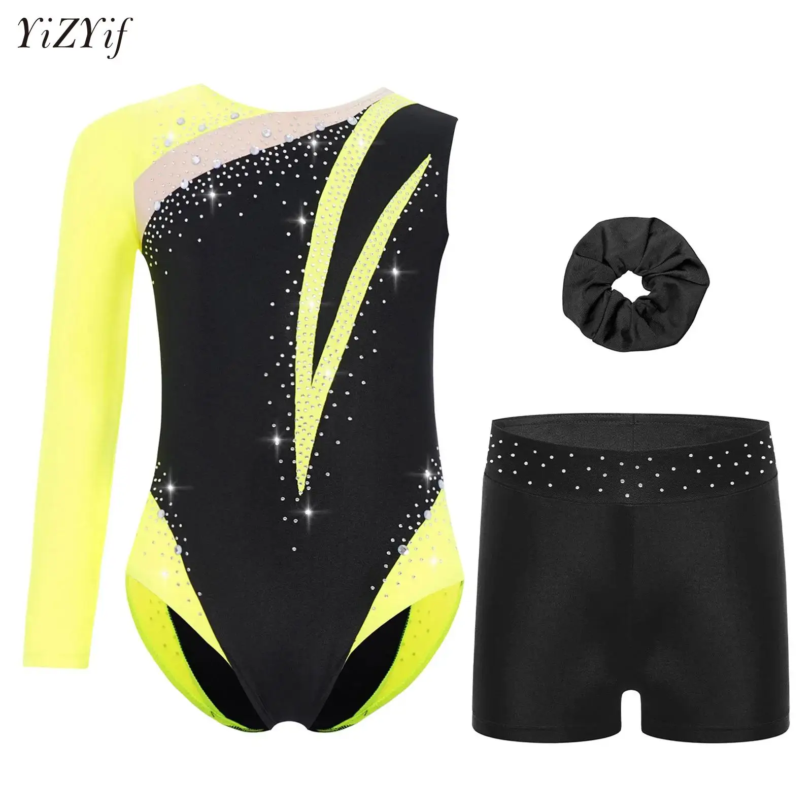 

Kids Girls Dance Set Ballet Figure Skating Outfit Sport Workout Gymnastics Practice Costume Shiny Leotard+Shorts+Headwear