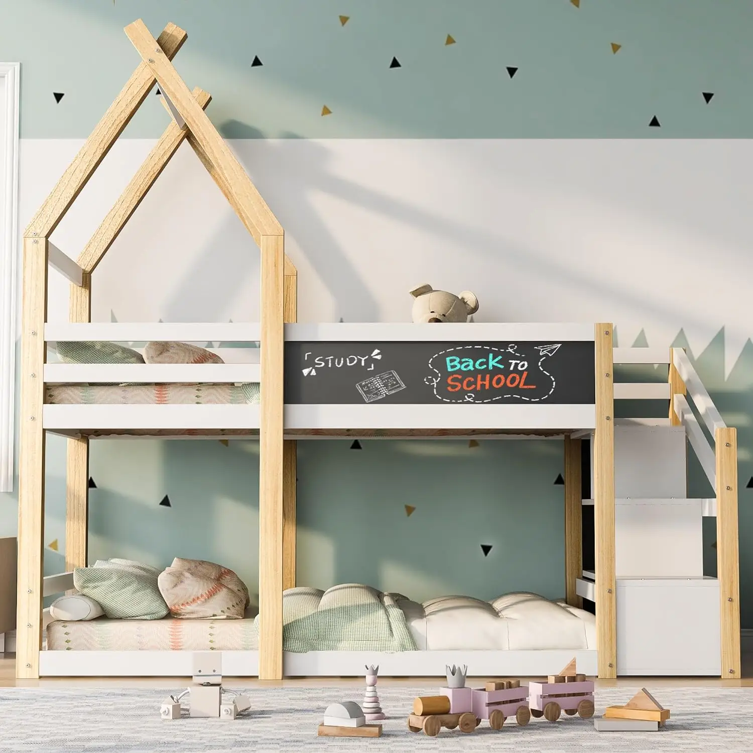 Twin Over Twin House Bunk Bed Frames With Storage Staircase And Blackboard For Teens, Girls Or Boys