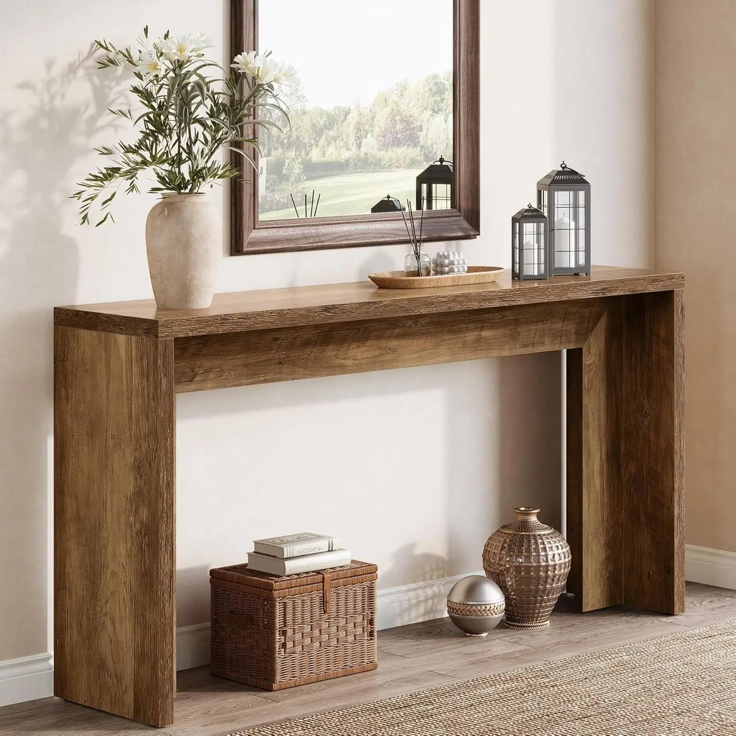 55-Inch Farmhouse Console Table, Wooden Couch Table Behind Sofa with Storage, Narrow Long Entryway Hallway Table for