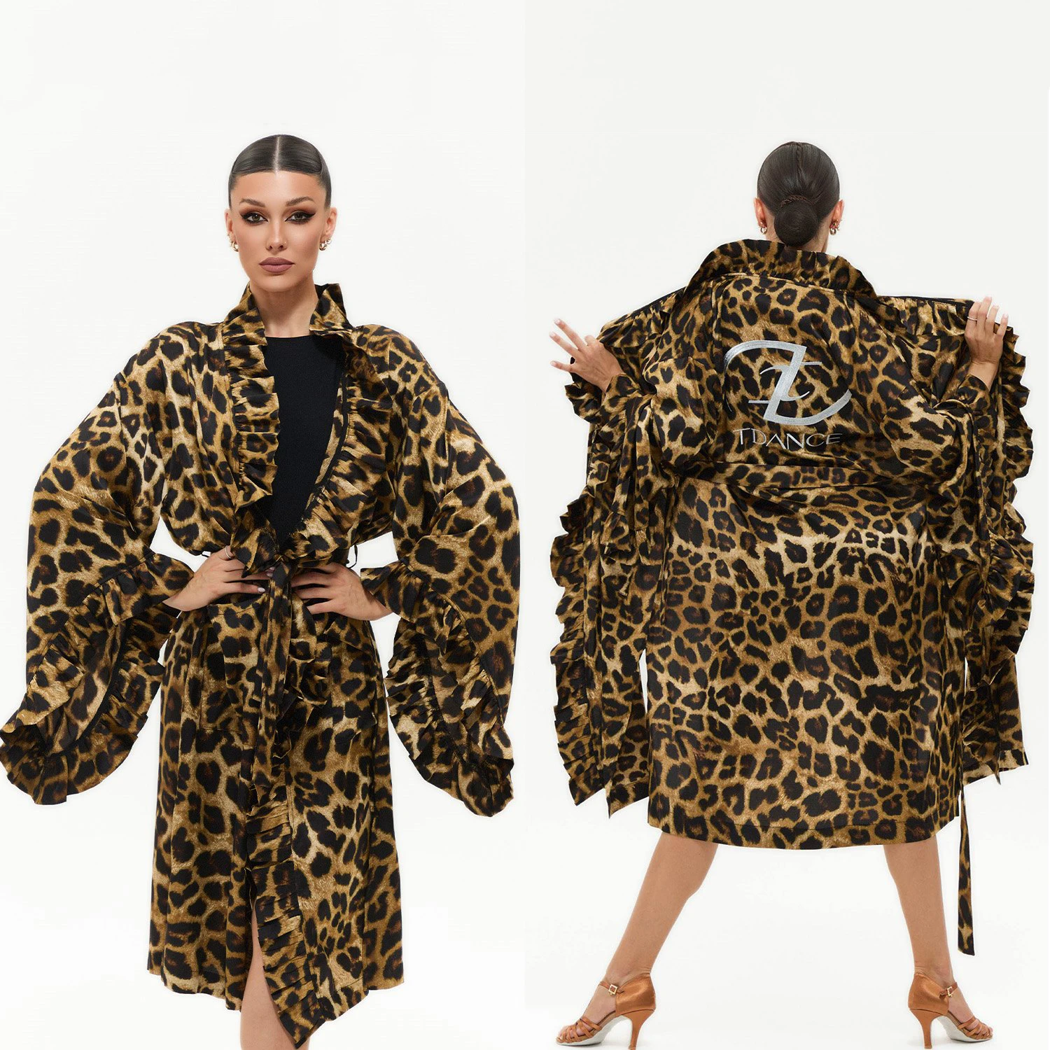 

National Standard Latin Dance Competition Robe Women Leopard Long Coat Ruffles Long Sleeves Adult Latin Dance Costume DNV24470