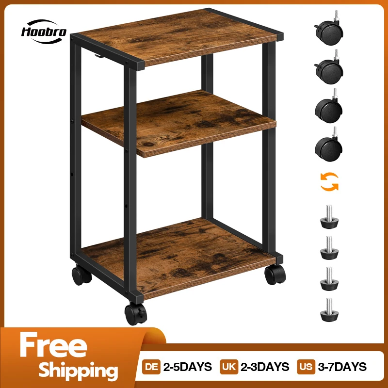 HOOBRO Printer Table  3-Tier Printer Cart With Wheels Height-Adjustable Printer Stand With 3 Shelves And 2 Hooks For Home Office