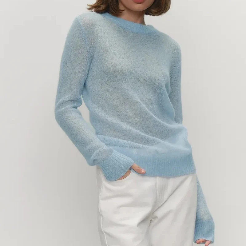 Thin Mohair Round Neck Sweaters Women Korean Fashion Breathable Knitted Long Sleeve Pullovers Woman Transparent Pullover Sweater
