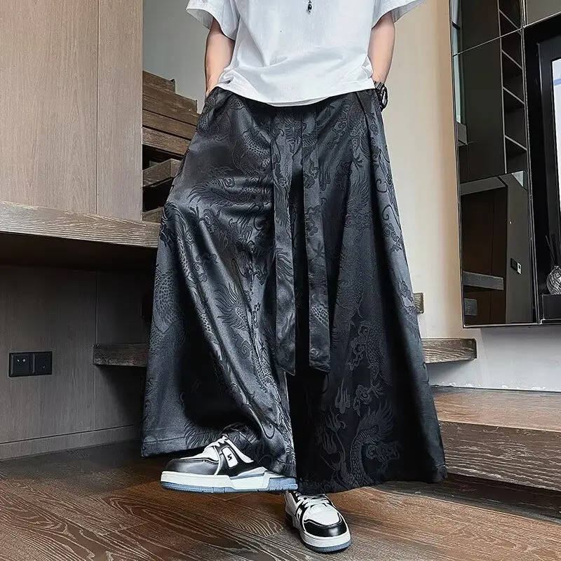 Men Casual Straight Leg Pants 2026 Spring Summer New Chinese Dragon Pattern Ice Silk Wide Leg Trousers Mens Pants