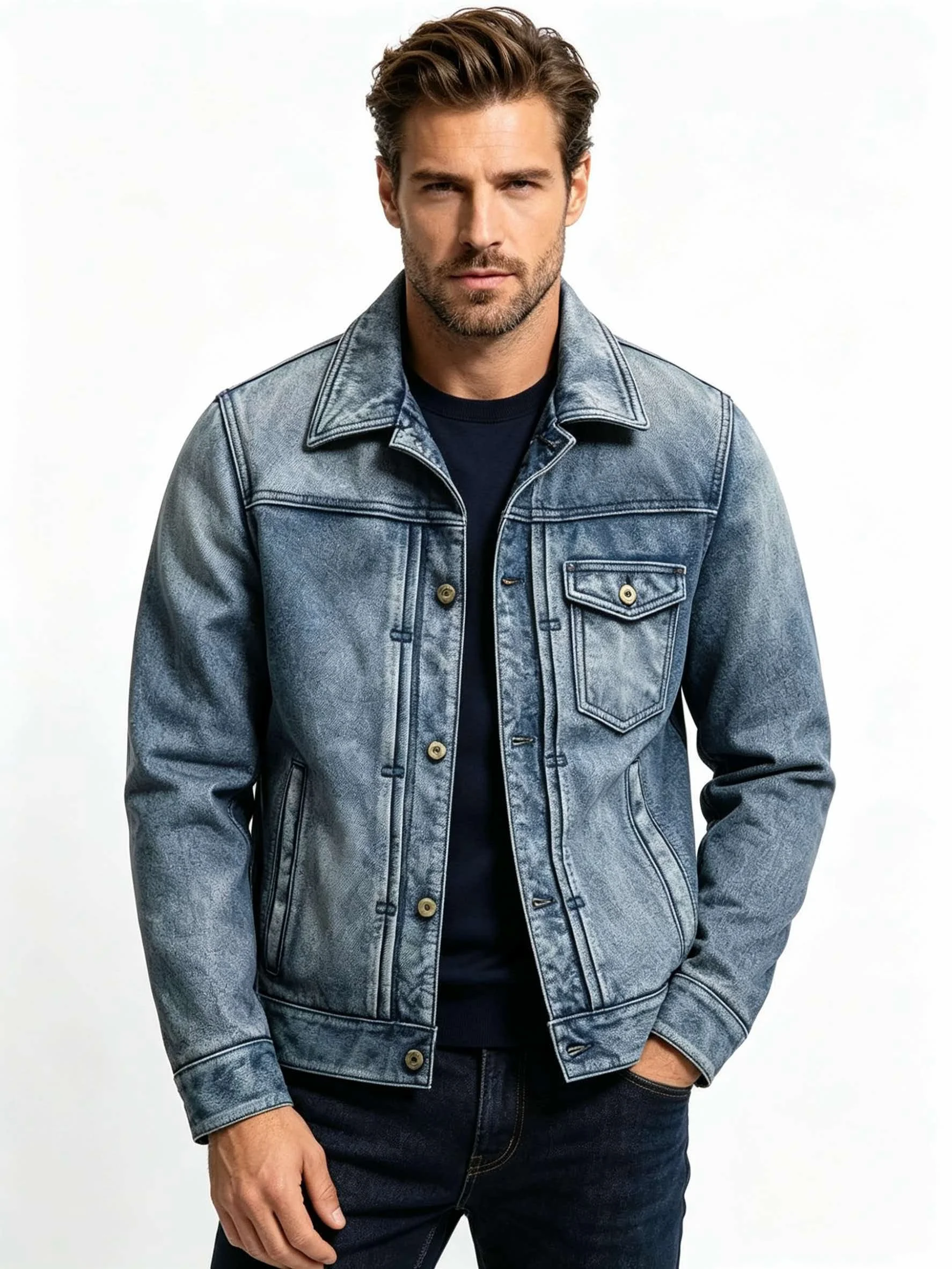 Men's Genuine Cowhide Leather Trucker Jacket Vintage Washed Gray-Blue Denim-Style Leather Coat Button-Front Turn-Down Collar
