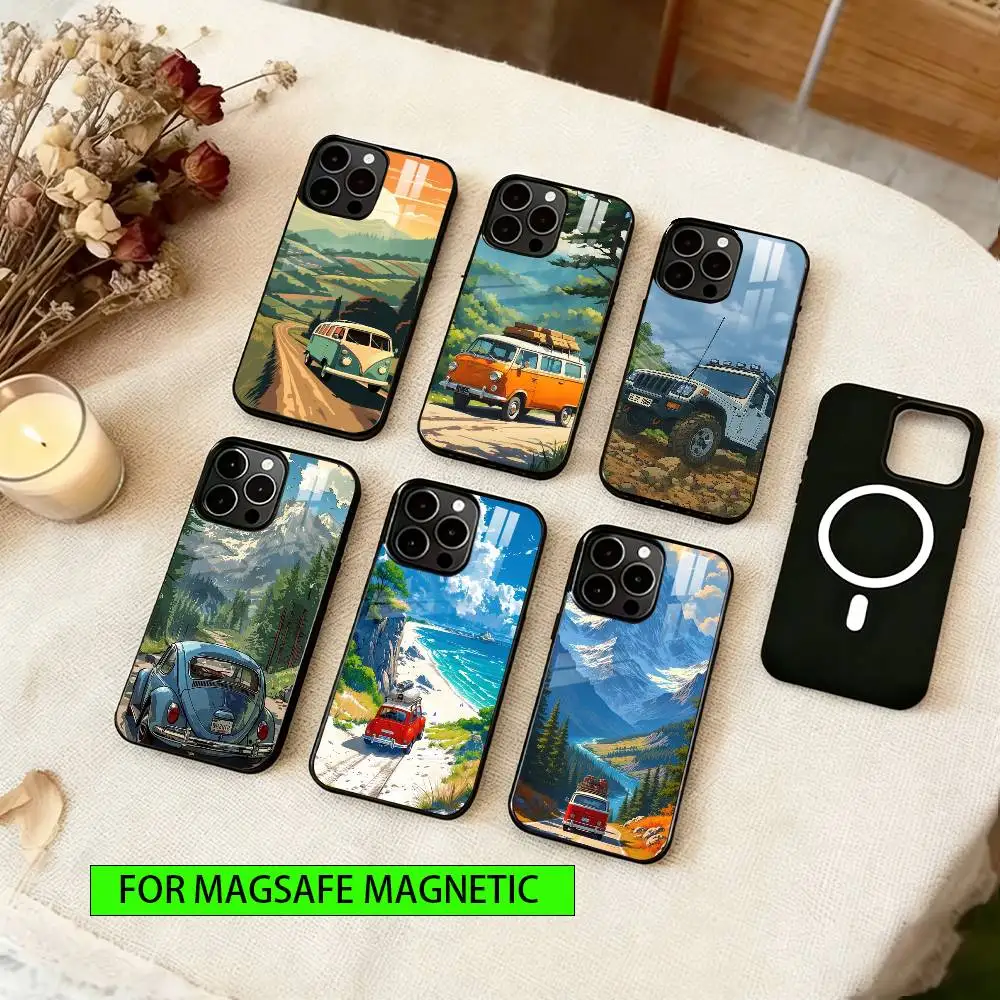 

Travel Landscape Bus Phone Case For iPhone17,16,15,14,13,12,11 Plus,Pro Magnetic For Magsafe Wireless Charging