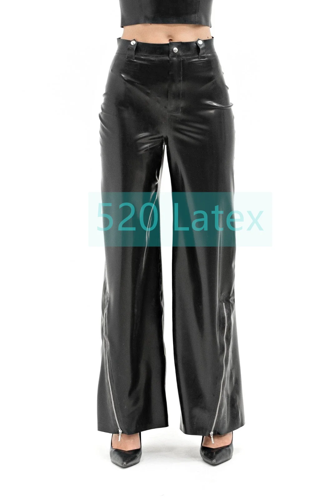 

Black Women Natural Latex Jeans Back Pockets Sexy Lady's latex Flare Pants Wide-Leg Pant Halloween Cos Trousers Front Zip