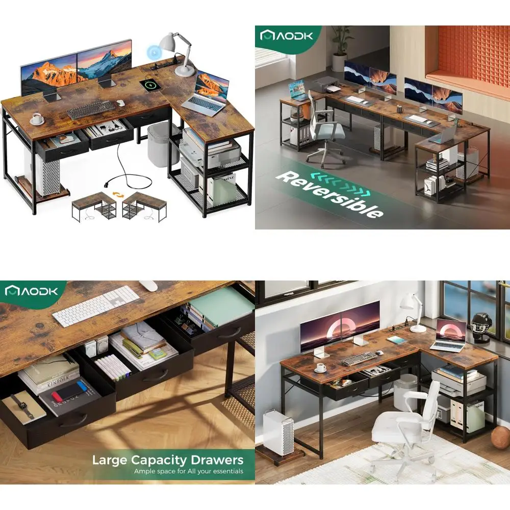 

53-Inch L-Shaped Desk with Storage, Power Outlets, and Adjustable CPU Stand