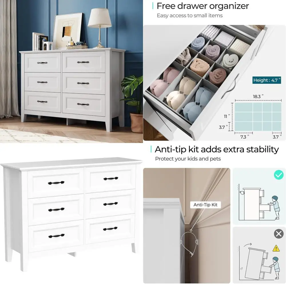 6-Drawer Bedroom Dresser with Metal Handles, Suitable for Living Room, Entryway, and Hallway, White