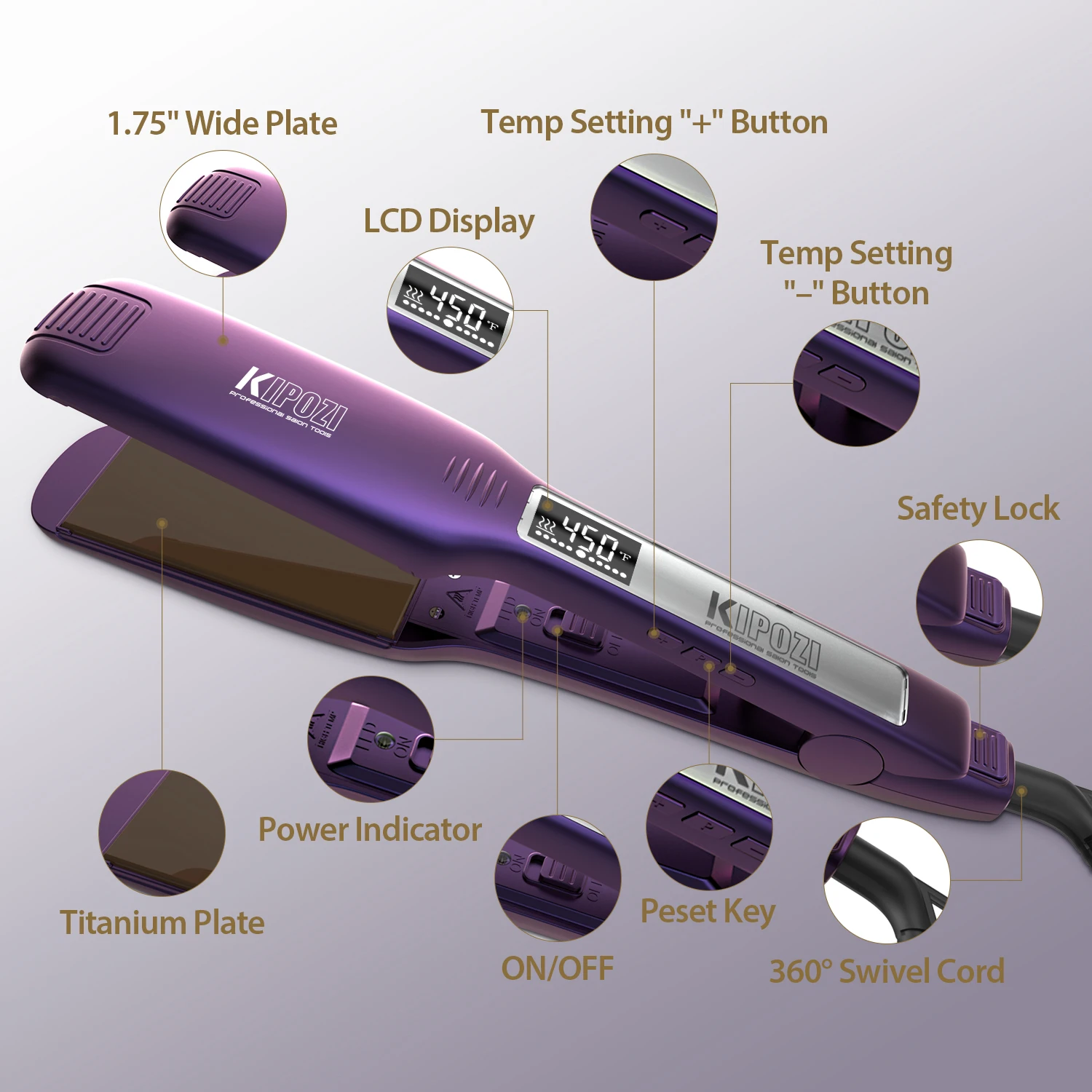 KIPOZI KP-139 Professional Hair Straightener Fast Heat Smart Timer Flat Iron with LCD Display Curling and Straightening Salon