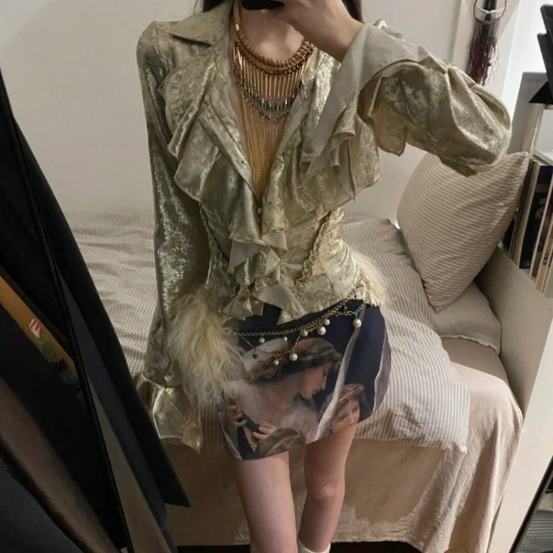 Vintage Broken Gold Lace Fungus Long Sleeve Shirts Women+ High Waist Slim Fit Bodycon Skirts Early Autumn New Two Piece Sets