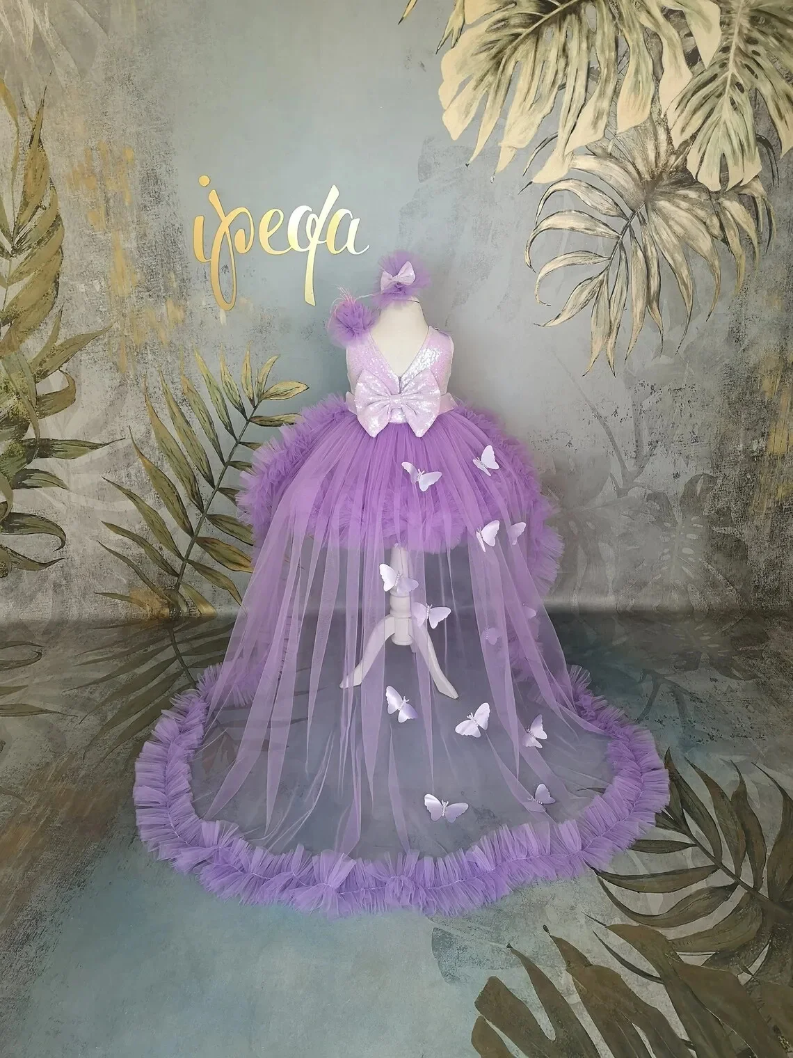 Glitter Purple Flower Girl Dress Sequins Feathers Sleeveless Puffy Applique Elegant Child First Eucharistic Birthday Party Dress