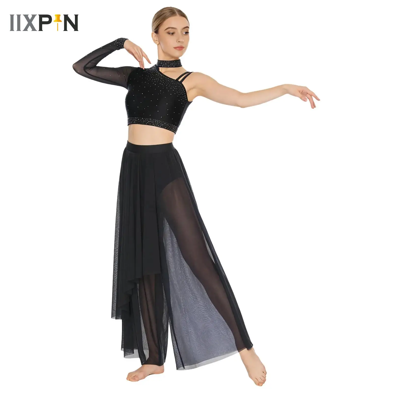

Women Ballet Dance Costume Fringed Salsa Latin Belly Dance Performance Costume Shiny Rhinestone Crop Tops and Pants Lyrical Mesh