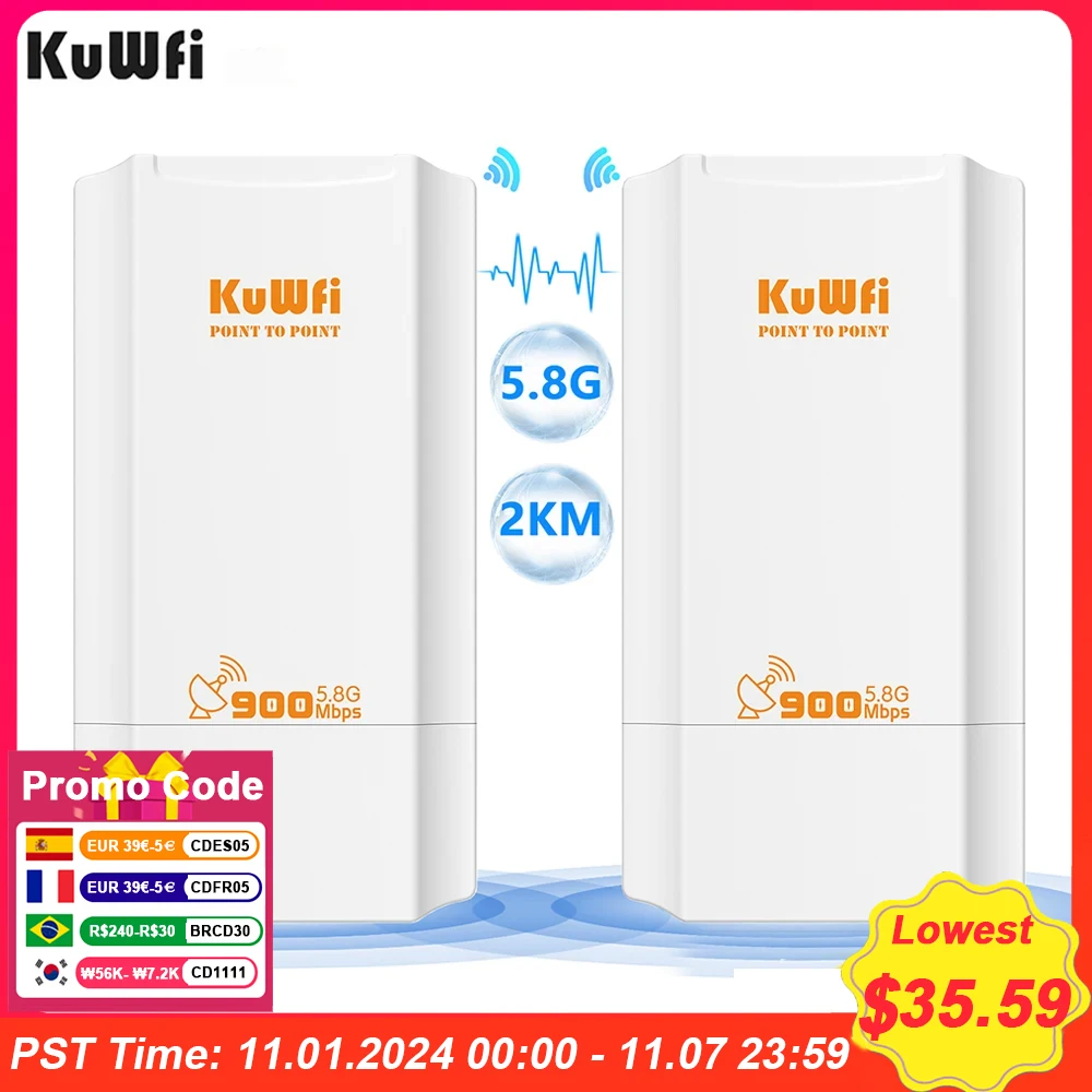 

KuWFi 5.8G Outdoor CPE Bridge 900Mbps Wireless Bridge Wi-Fi Signal Amplifier PTP Long Range Extender IP65 Waterproof AP Repeater