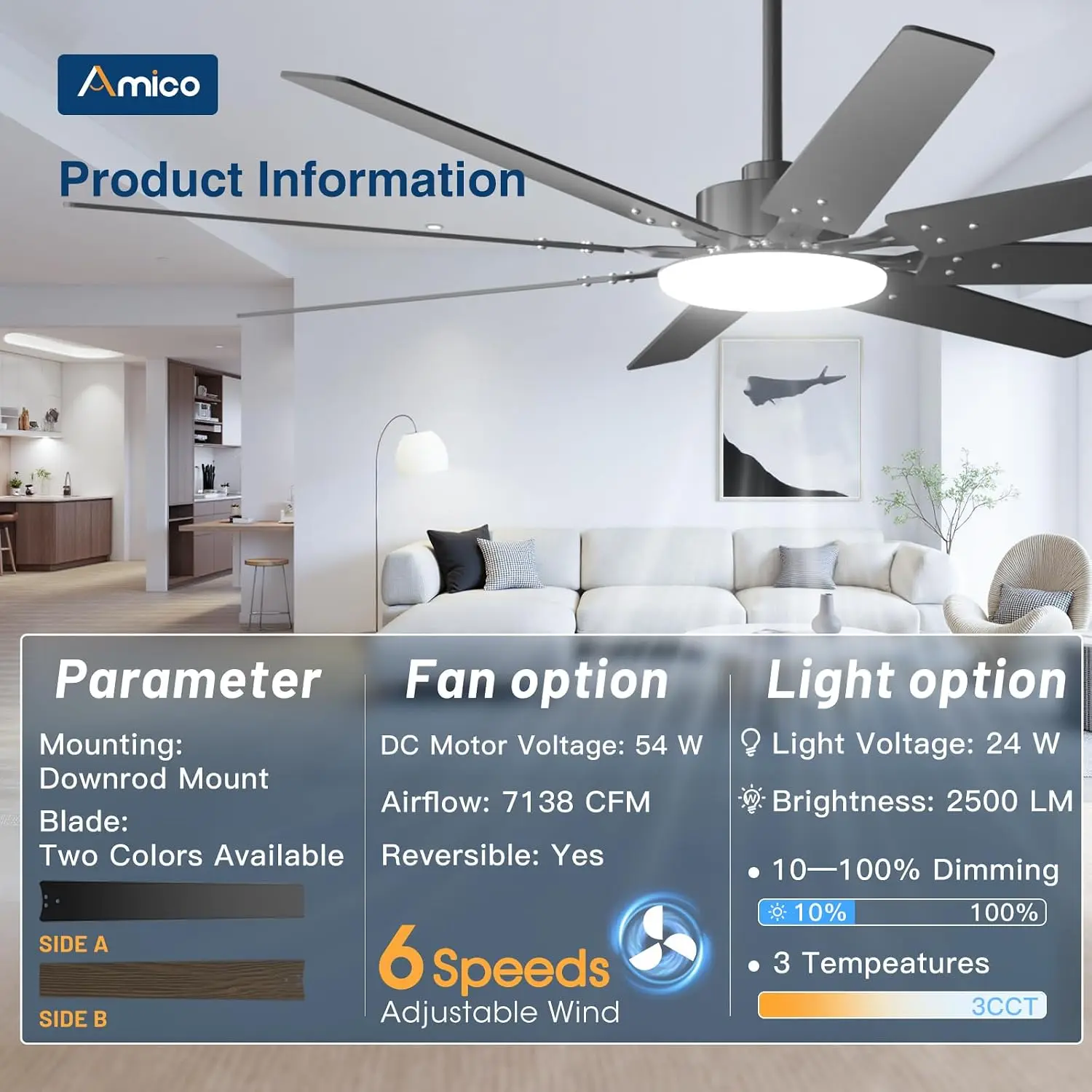 72" Large Ceiling Fan with Lights & Remote, Dimmable 3CCT, Quiet DC Motor, Reversible, Indoor/Outdoor Use for Living Room, Bedroom, Kitchen, Patio view 3