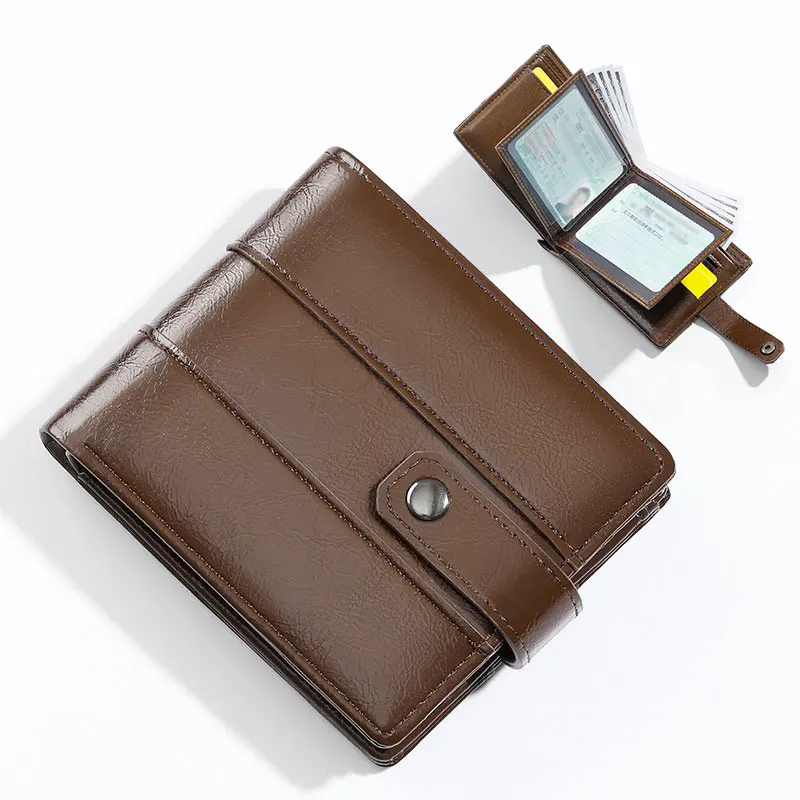 Cross Border Men’s Pure Color European and American Wallet PU Short Flip Wallet with More Card Slots Coin Purse