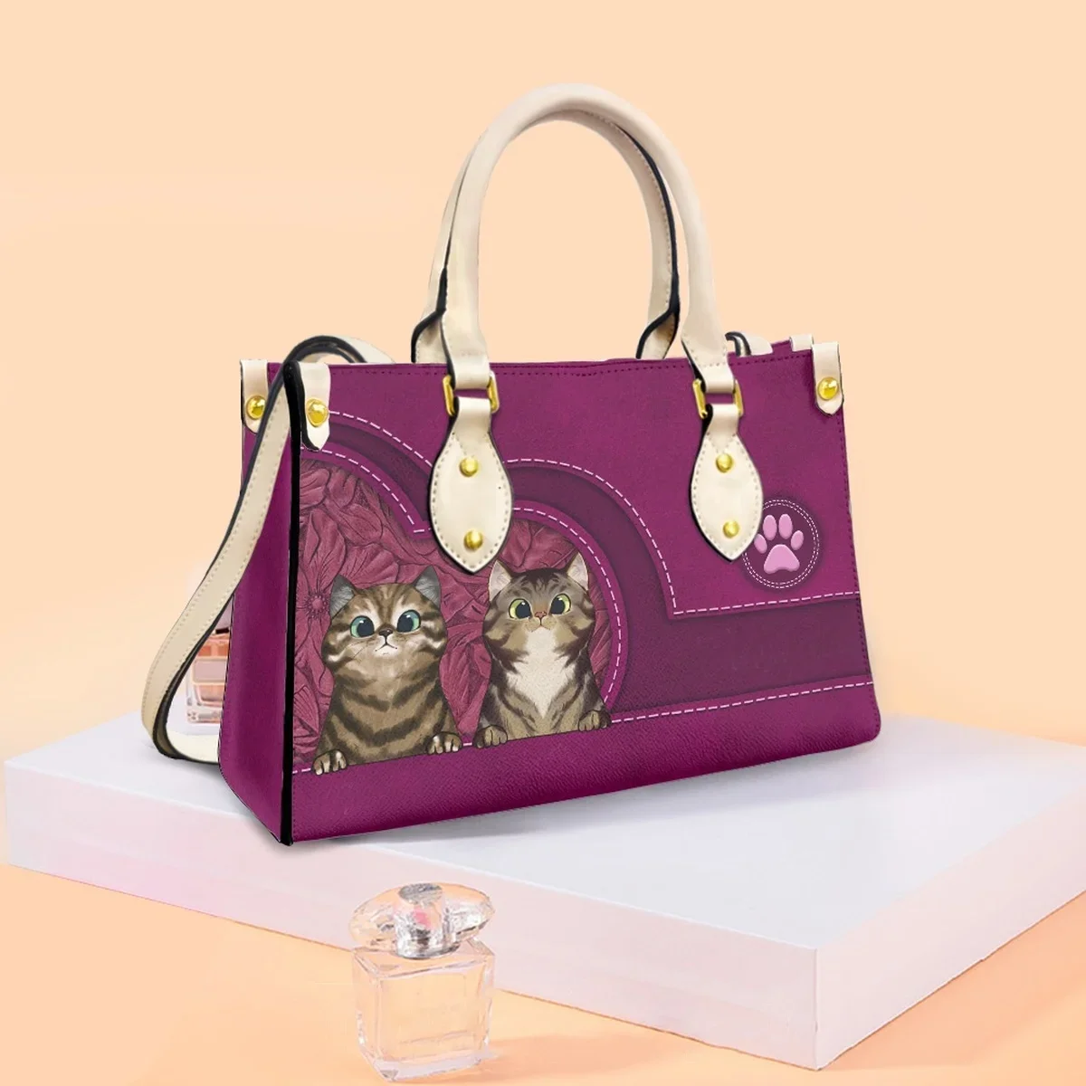 Cartoon Katze mysteriöse lila Marke Design Handtasche Retro Damen Top Griff Leder Umhängetasche Outdoor Pendler Büro Clutch