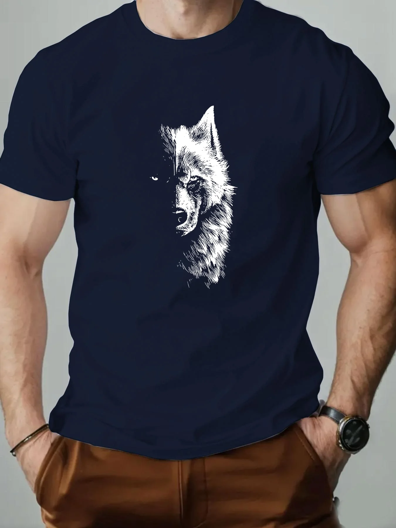 Vintage Sketch Half Face Lone Wolf Printed Mens 100% Cotton T-shirt Wildlife Animal Lover Short Sleeve Street Fashion Tshirt