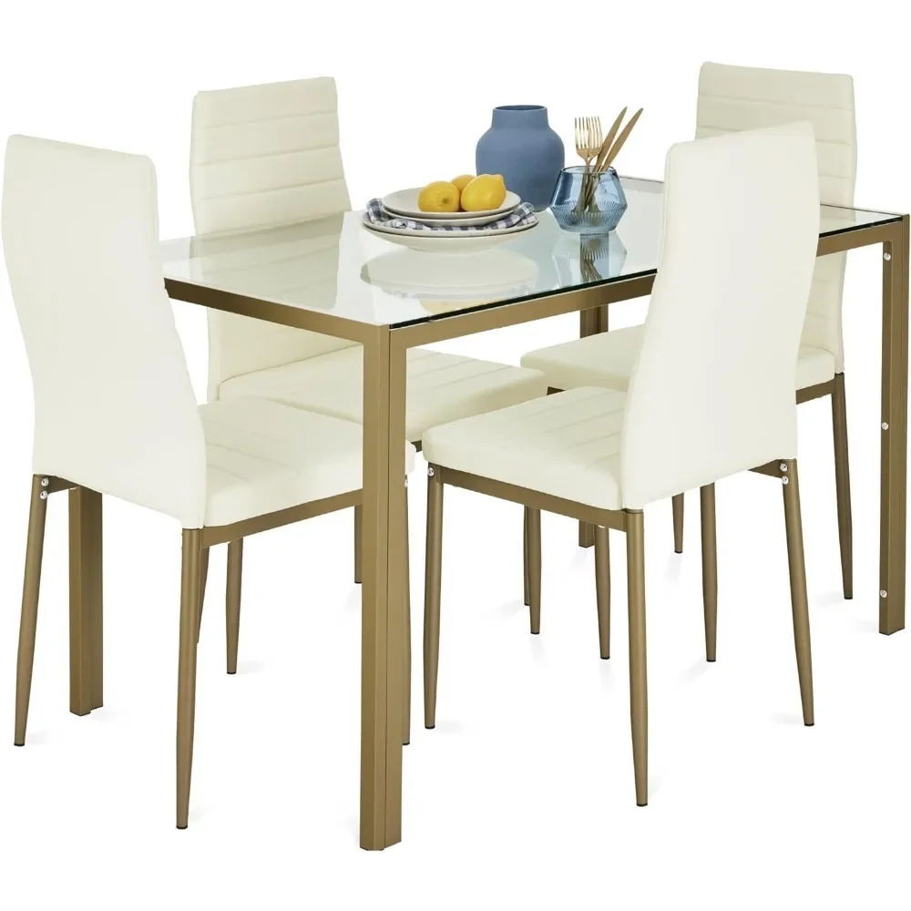 

5-piece glass table and chair set with glass tabletop, 4 soft cushioned chairs, compact space saving, ivory+gold