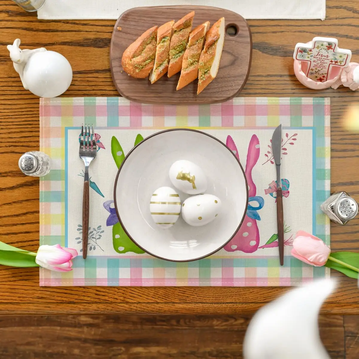 Easter Eggs Bunny Linen Placemats Party Decor Spring Colorful Rabbits Floral Buffalo Plaid Dining Table Mats Easter Decorations