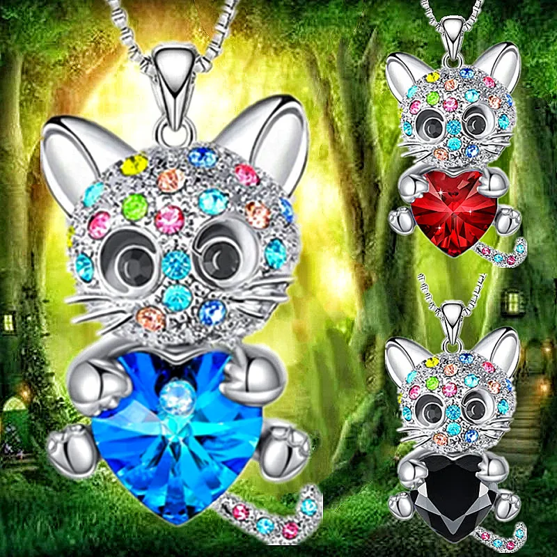 Fashion Cute Cuddly Cat Necklace Heart Zircon Animal Cat Pendant Engagement Necklaces for Women Animal Jewelry Anniversary Gift