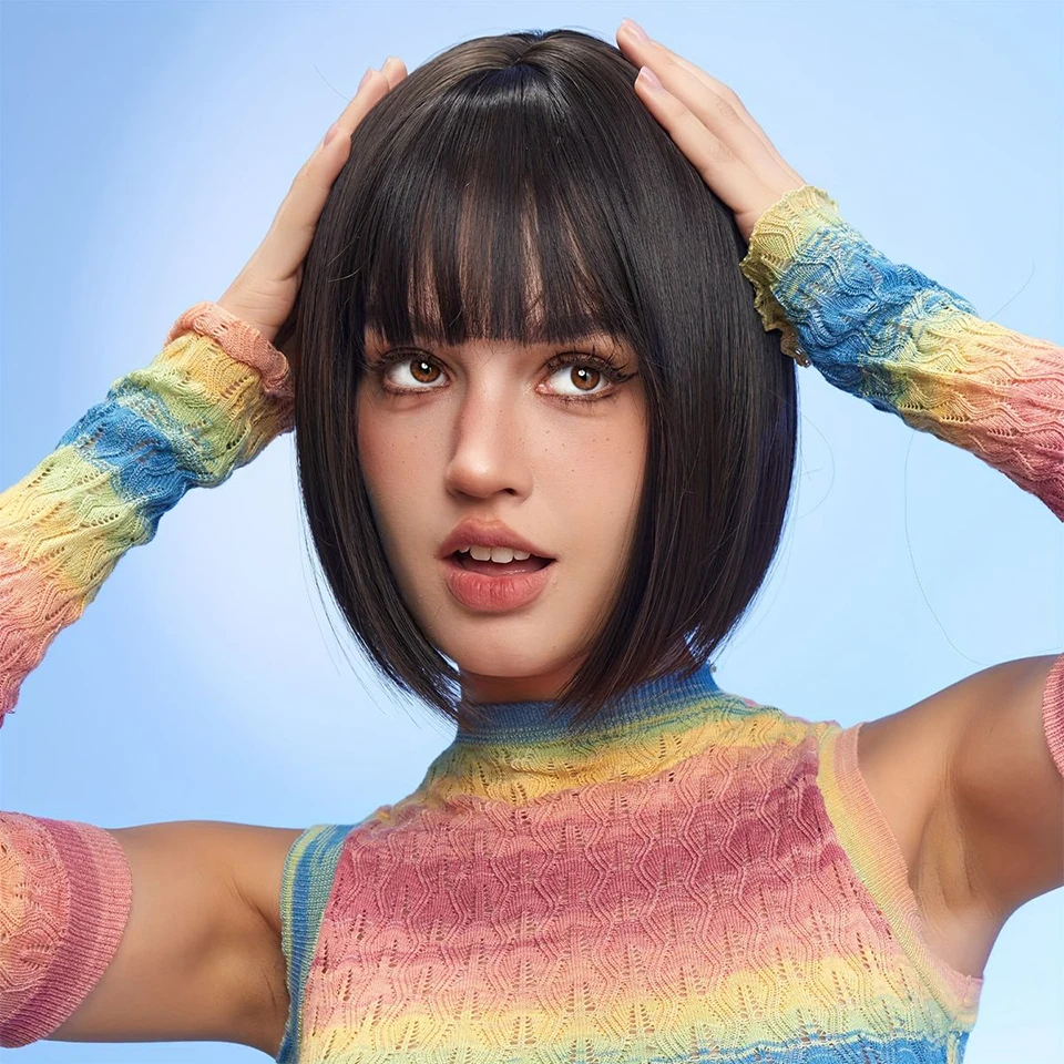 

Женский 6-дюймовый черный короткий прямой парик 2x4 с кружевной застежкой и челкой, бразильские парики из человеческих волос для вечеринки, косплея, повседневной носки