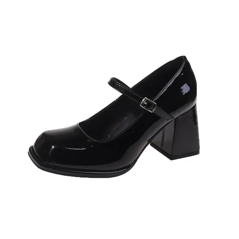 Ladies Summer Black New Small Leather Shoes Mary Janes Vintage Buckle Non-Slip Sandals Woman Medium Heels Casual Elegant Heels