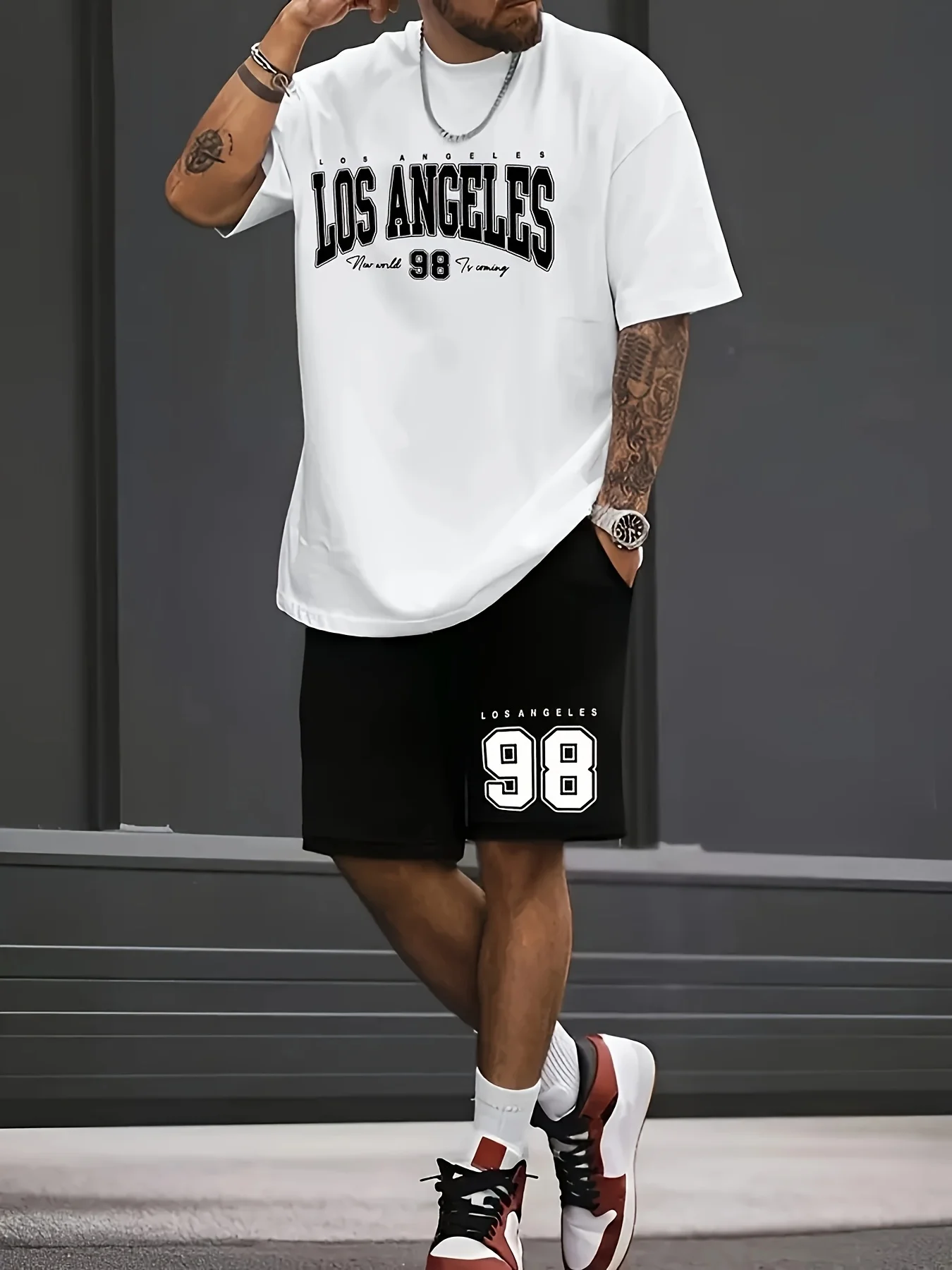 Summer Men's Chicago-Themed Relaxed Set Size 32 Printed T-Shirt and Shorts Set Adult Sports Casual Plus Size Two-Piece Set - Image 3