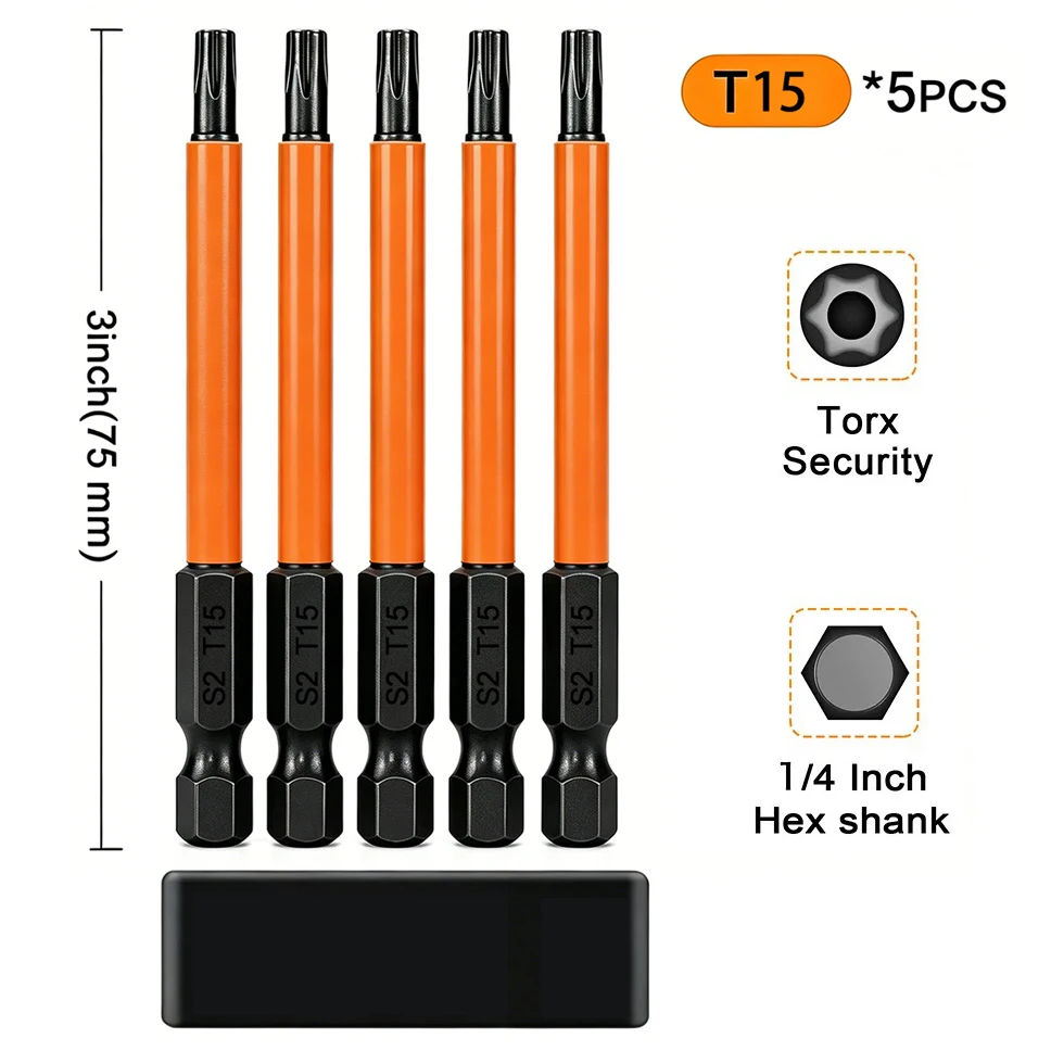 Hochwertiges magnetisches Torx-Bohrer-Set, 5-teilig, T15, T20, T25, Schraubendreher-Bits mit 1/4 Zoll Sechskantschaft, 75 mm Länge für sichere Befestigung – Detail 3