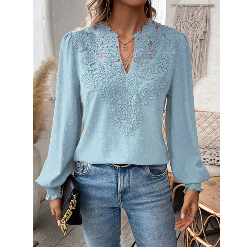 2024 Autumn V-neck Lace Splicing Solid Color Shirt Women Long Sleeve Casual Tops Fashion Office Lady Street Temperament Shirt