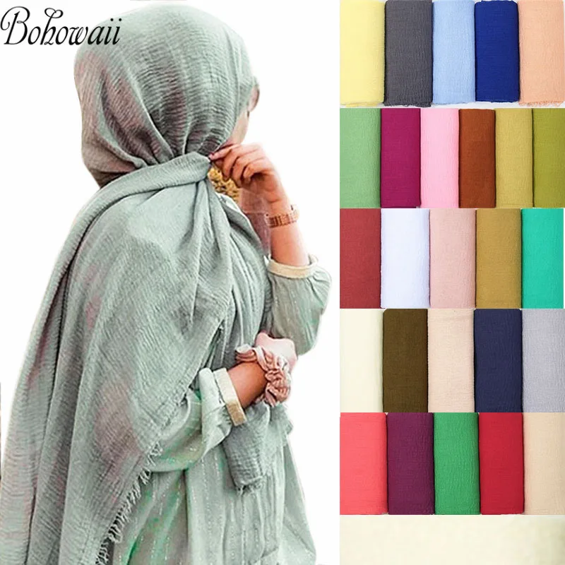 

BOHOWAII Pleated Hijab Scarf Abaya Muslim Ramadan Khimar Turban Femme Africaine Crinkle Cotton Long Head Wrap